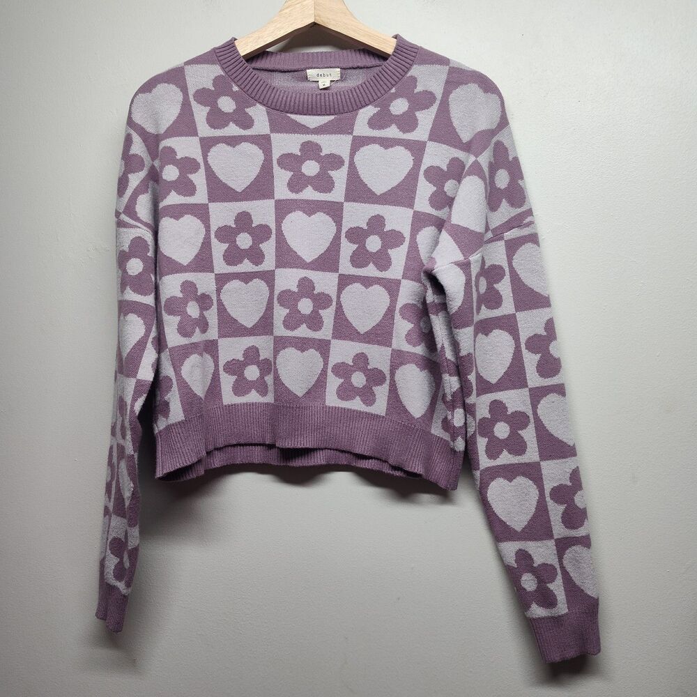 Debut Cropped Knit Sweater Women M Purple Floral Hippie Retro Girly Y2K Casual